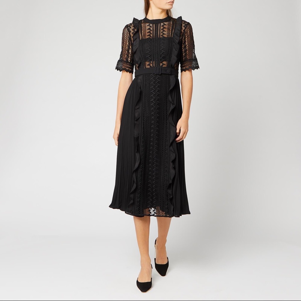 Self-Portrait Geometric Lace Pleated Midi Dress with Belt, Black, Size US 6